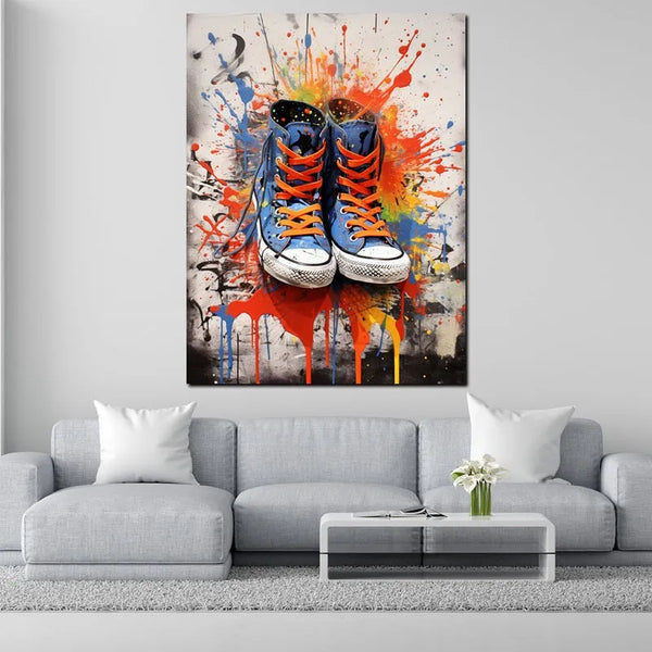 Touteladeco / Tableau Art / Banksy / Street Art / Chaussure / Sneakers / Converse / Graffiti / Pop Art / Décoration Murale / Décoration de maison / Moderne / Toile