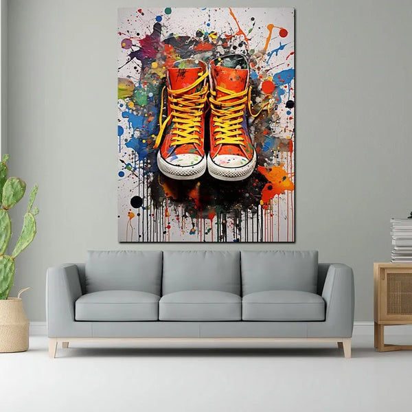 Touteladeco / Tableau Art / Banksy / Street Art / Chaussure / Sneakers / Converse / Graffiti / Pop Art / Décoration Murale / Décoration de maison / Moderne / Toile