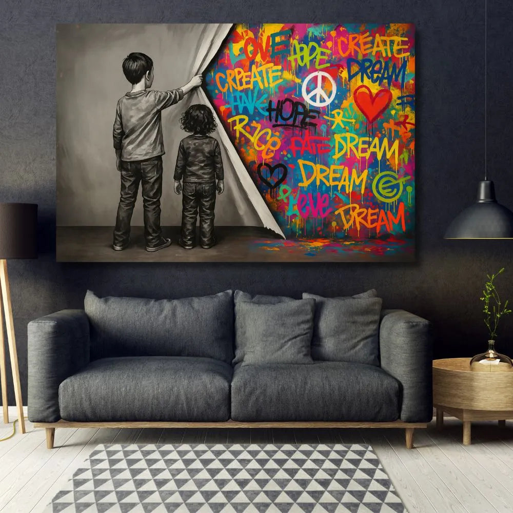 tableau street art / toile graffiti colorée / enfants noir et blanc / décoration murale moderne / tableau Banksy style / message love hope dream / art mural urbain / déco contemporaine salon