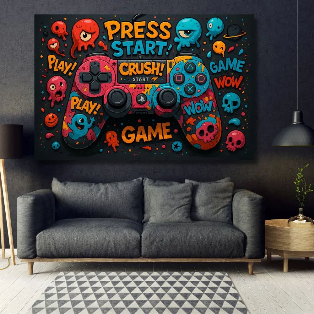 Touteladeco / Toile / tableau / tableau gaming / déco gamer / manette playstation / art pop / style cartoon / univers coloré / déco murale / illustration fun / street art / chambre ado / tableau jeu vidéo / art urbain / poster geek / tableau console / déco moderne