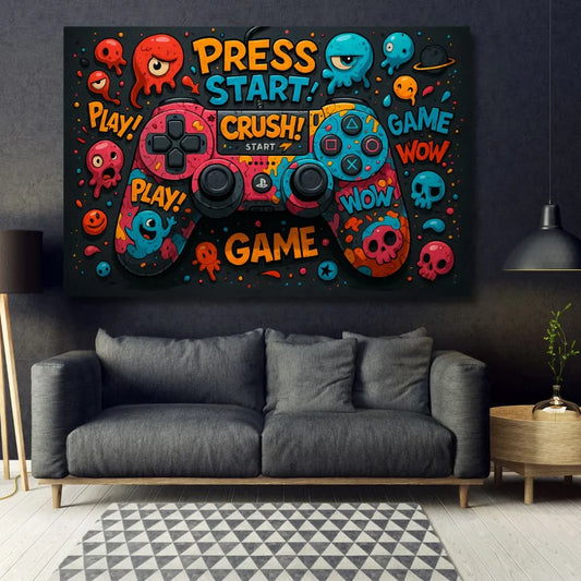 Touteladeco / Toile / tableau / tableau gaming / déco gamer / manette playstation / art pop / style cartoon / univers coloré / déco murale / illustration fun / street art / chambre ado / tableau jeu vidéo / art urbain / poster geek / tableau console / déco moderne