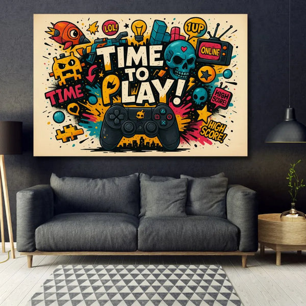 Touteladeco / Toile / Tableau / tableau gaming pop art / tableau geek déco / affiche gamer rétro / manette vintage / illustration colorée / jeu vidéo art pixel / time to play / tableau fun