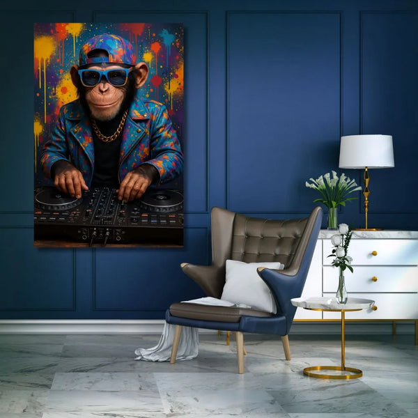 Touteladeco / Toile / tableau / singe DJ / street art / tableau graffiti / décoration urbaine / déco musique / singe funky / tableau pop art / déco colorée / singe casquette / singe lunettes / DJ party / déco fun / décoration moderne / tableau original