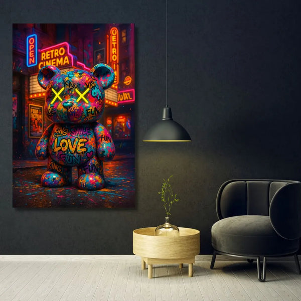 Touteladeco / Toile / Tableau / tableau ourson street art / teddy bear graffiti / déco pop urbaine / cinéma rétro / art mural coloré / neon art / love fun king / affiche pulp fiction / déco moderne fun / ours coloré
