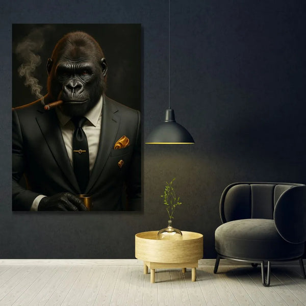 Touteladeco / Toile / Tableau / gorille costume / gorille élégant / tableau gorille fumeur / art urbain gorille / pop art animal / tableau cigare gorille / décoration puissante / toile moderne gorille