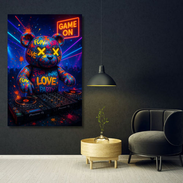 Touteladeco / Toile / Tableau / ours DJ / tableau pop art / street art déco / déco électro / tableau graffiti ours / platines DJ / déco chambre gaming / tableau néon / ours graffiti / déco moderne / street art ours