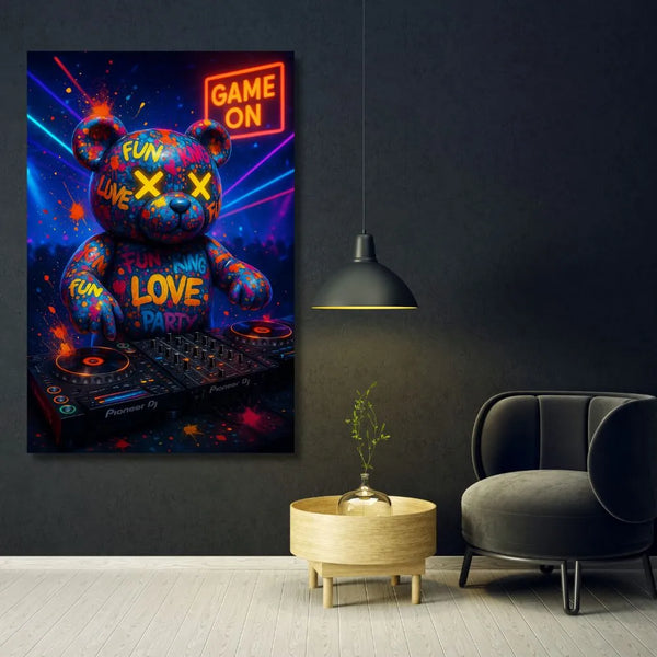 Touteladeco / Toile / Tableau / ours DJ / tableau pop art / street art déco / déco électro / tableau graffiti ours / platines DJ / déco chambre gaming / tableau néon / ours graffiti / déco moderne / street art ours