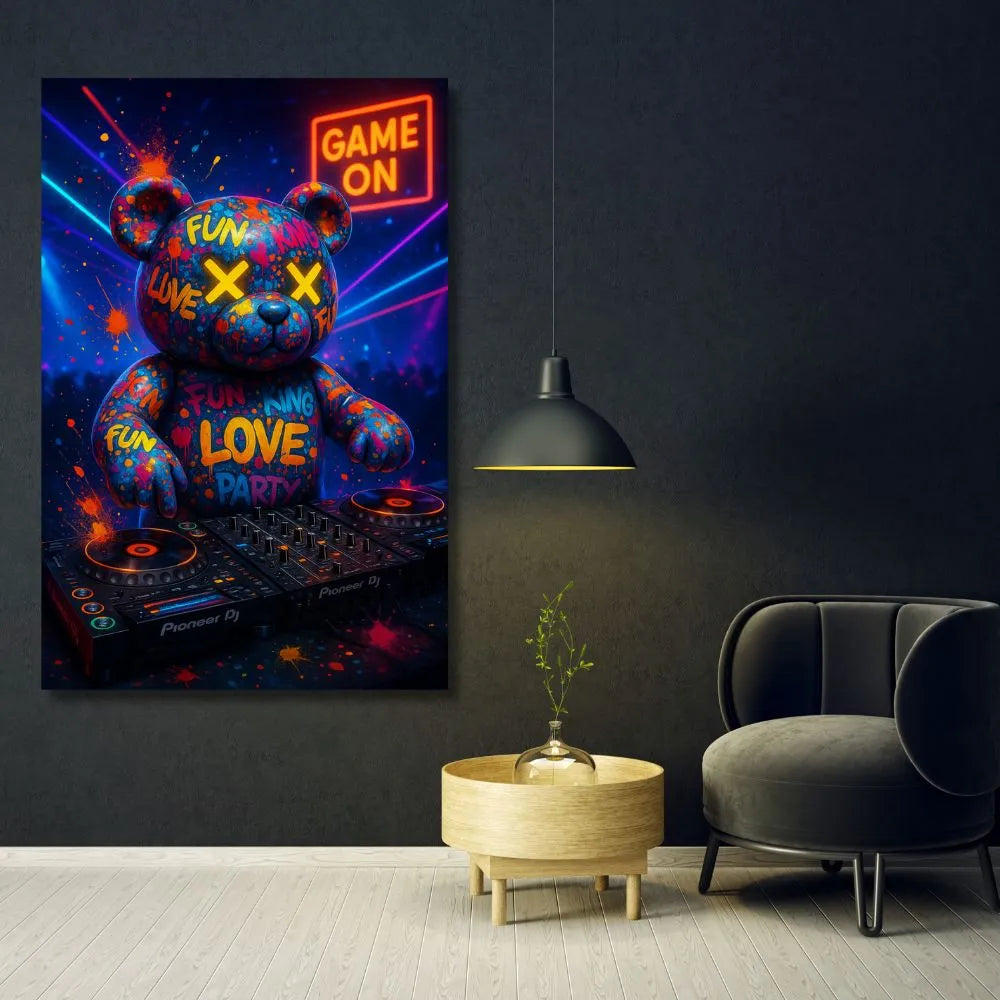 Touteladeco / Toile / Tableau / ours DJ / tableau pop art / street art déco / déco électro / tableau graffiti ours / platines DJ / déco chambre gaming / tableau néon / ours graffiti / déco moderne / street art ours