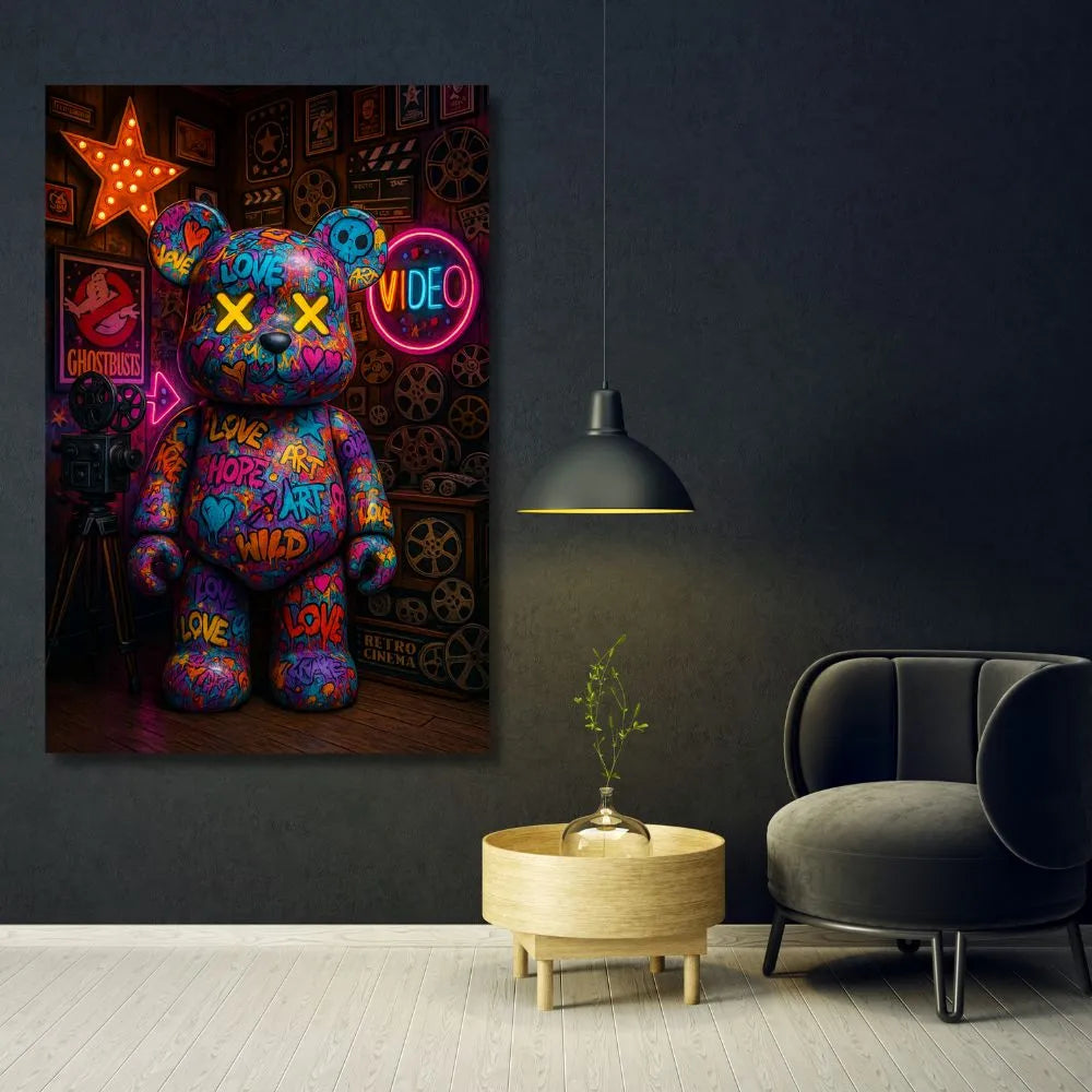 Touteladeco / Tableau / Toile / tableau ourson graffiti / teddy bear street art / déco cinéma rétro / art mural coloré / love art hope wild / néon vidéo / affiche ghostbusters / ambiance pop art / ourson lumineux / décoration urbaine moderne