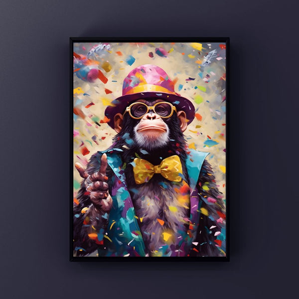 tableau singe festif / singe avec chapeau et nœud papillon / art moderne coloré / décoration murale originale / singe élégant / confettis et fête / ambiance joyeuse / pop art animalier / tableau humoristique / déco tendance / impression sur toile / tableau vibrant et festif / singe charismatique / Tableau / Toile / Touteladeco
