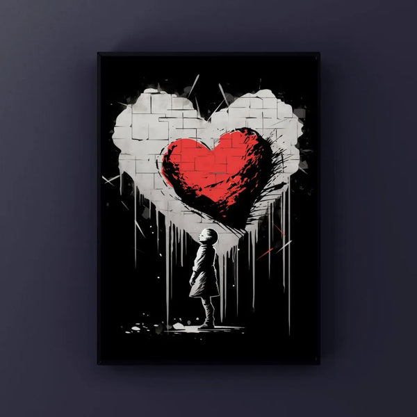 tableau street art / art urbain / cœur brisé / graffiti moderne / style Banksy / décoration murale contemporaine / tableau en noir blanc rouge / enfant et cœur mural / art engagé / émotion et poésie urbaine / tableau symbolique / impression sur toile / décoration moderne / Toile / Tableau / Touteladeco