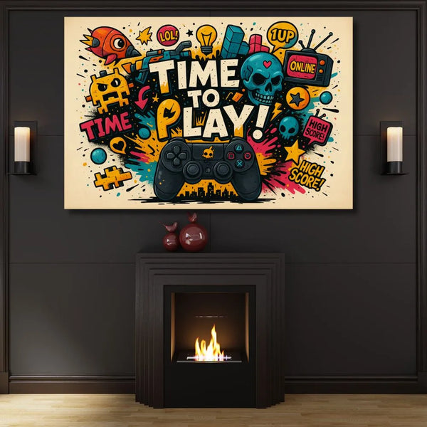 Touteladeco / Toile / Tableau / tableau gaming pop art / tableau geek déco / affiche gamer rétro / manette vintage / illustration colorée / jeu vidéo art pixel / time to play / tableau fun