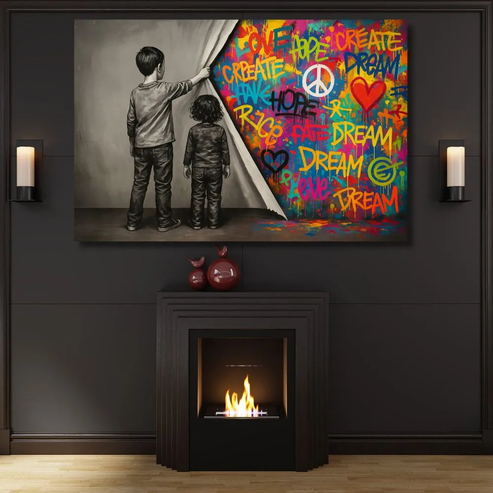 tableau street art / toile graffiti colorée / enfants noir et blanc / décoration murale moderne / tableau Banksy style / message love hope dream / art mural urbain / déco contemporaine salon
