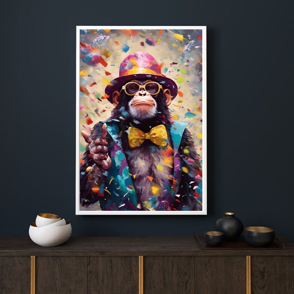 tableau singe festif / singe avec chapeau et nœud papillon / art moderne coloré / décoration murale originale / singe élégant / confettis et fête / ambiance joyeuse / pop art animalier / tableau humoristique / déco tendance / impression sur toile / tableau vibrant et festif / singe charismatique / Tableau / Toile / Touteladeco