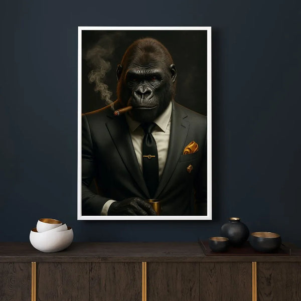 Touteladeco / Toile / Tableau / gorille costume / gorille élégant / tableau gorille fumeur / art urbain gorille / pop art animal / tableau cigare gorille / décoration puissante / toile moderne gorille