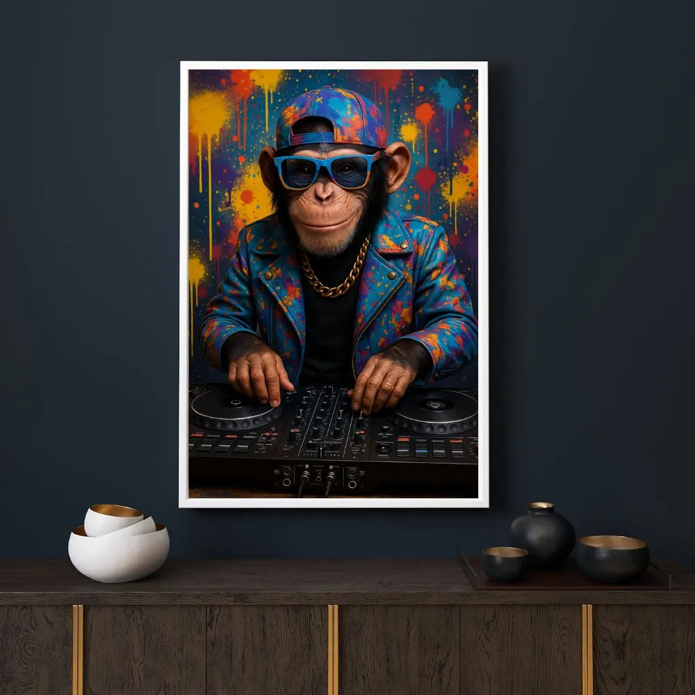 Touteladeco / Toile / tableau / singe DJ / street art / tableau graffiti / décoration urbaine / déco musique / singe funky / tableau pop art / déco colorée / singe casquette / singe lunettes / DJ party / déco fun / décoration moderne / tableau original