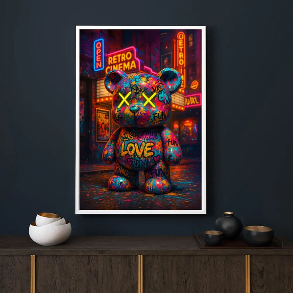 Touteladeco / Toile / Tableau / tableau ourson street art / teddy bear graffiti / déco pop urbaine / cinéma rétro / art mural coloré / neon art / love fun king / affiche pulp fiction / déco moderne fun / ours coloré