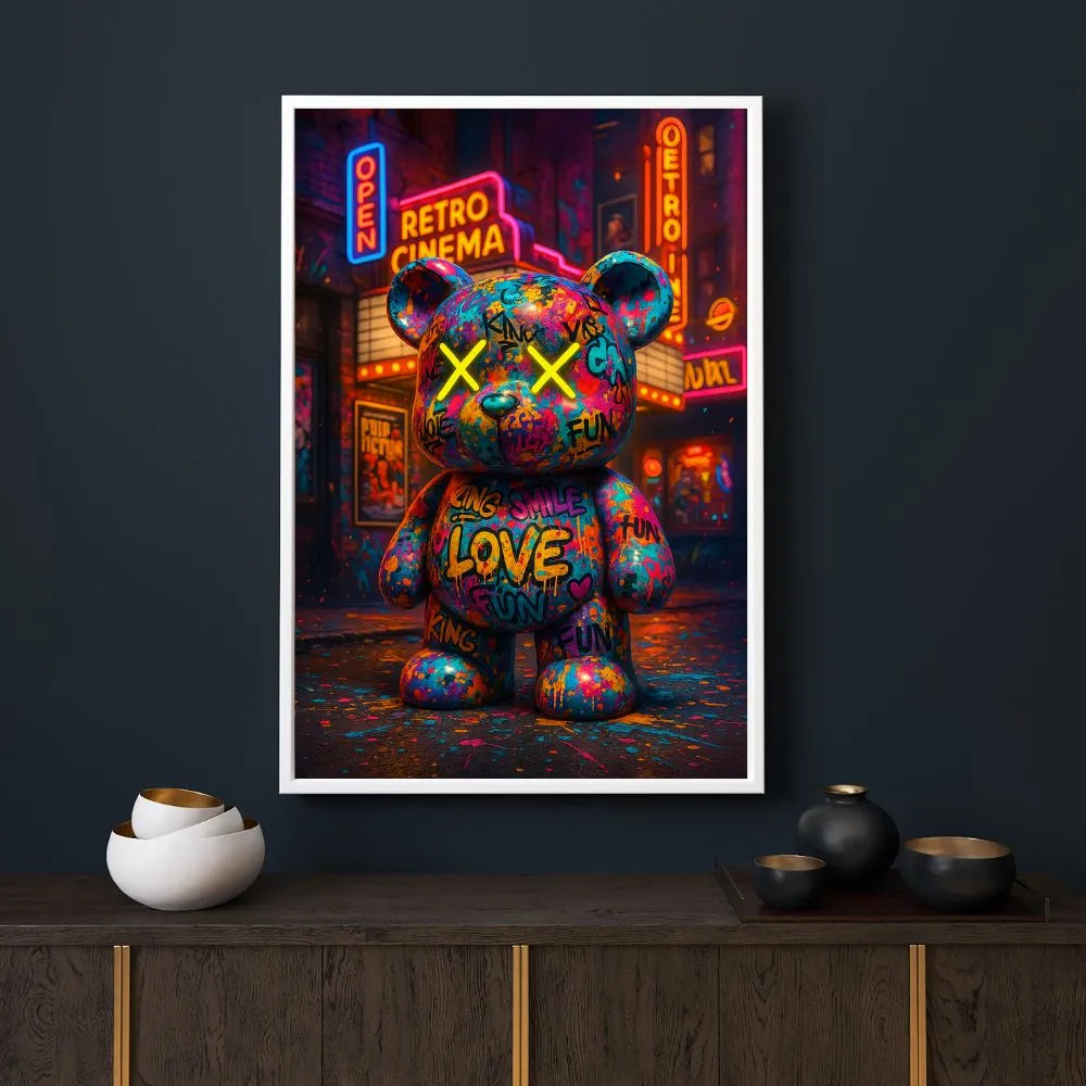 Touteladeco / Toile / Tableau / tableau ourson street art / teddy bear graffiti / déco pop urbaine / cinéma rétro / art mural coloré / neon art / love fun king / affiche pulp fiction / déco moderne fun / ours coloré