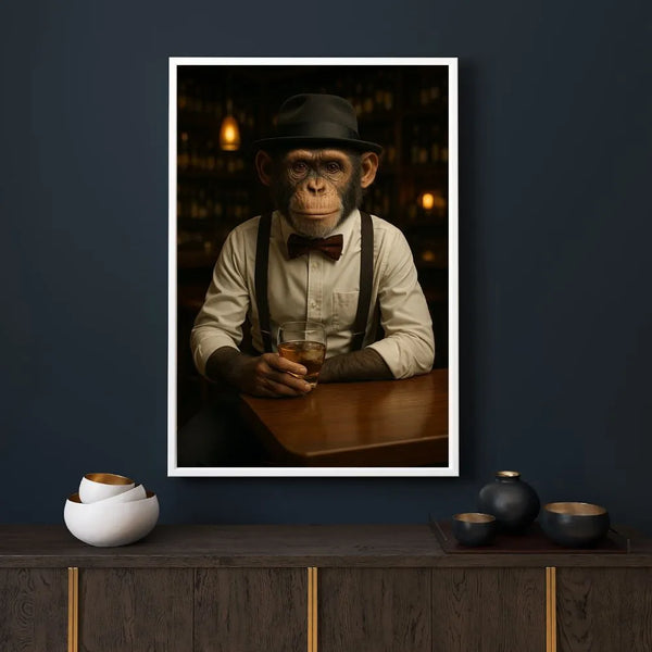 Touteladeco / Toile / Tableau / tableau singe élégant / déco bar vintage / toile singe pop art / singe gentleman / décoration lounge rétro / art animalier original / tableau humoristique / tableau Singe