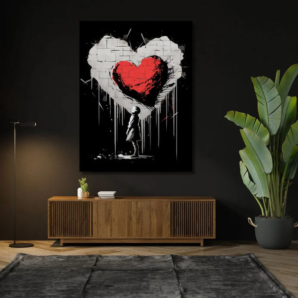 tableau street art / art urbain / cœur brisé / graffiti moderne / style Banksy / décoration murale contemporaine / tableau en noir blanc rouge / enfant et cœur mural / art engagé / émotion et poésie urbaine / tableau symbolique / impression sur toile / décoration moderne / Toile / Tableau / Touteladeco
