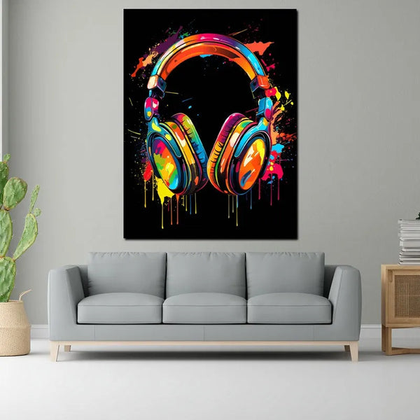 Touteladeco / Tableau Art / Casque / Musique / DJ / Deejay / Graffiti / Toile / tableau casque audio coloré / art musical moderne / décoration murale pop art / casque DJ stylisé / explosion de couleurs / peinture street art contemporaine / déco pour studio et salon / tableau vibrant et urbain / impression sur toile / ambiance électrisante et artistique