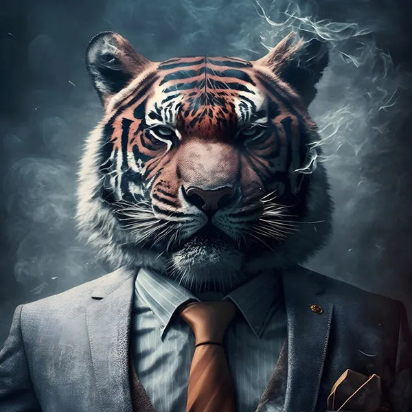 Touteladeco / tableau tigre / art moderne / tigre en costume / décoration murale / animal humanisé / style sophistiqué / ambiance sombre / art digital réaliste / Toile / tableau puissant et classe / déco tendance / tigre majestueux / idees cadeaux / impression sur toile / déco salon et bureau