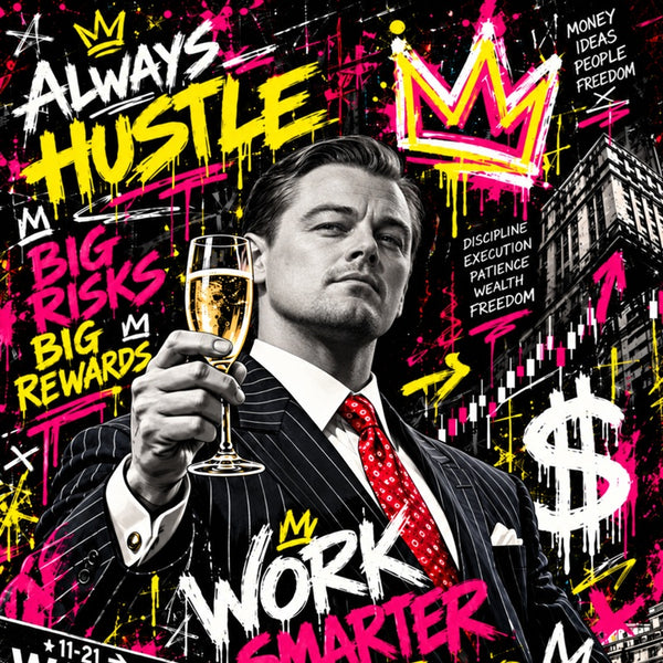 Tableau Street Art Leonardo DiCaprio inspiré du Loup de Wall Street, portrait noir et blanc avec champagne, graffitis roses et jaunes, dollar et symboles boursiers.