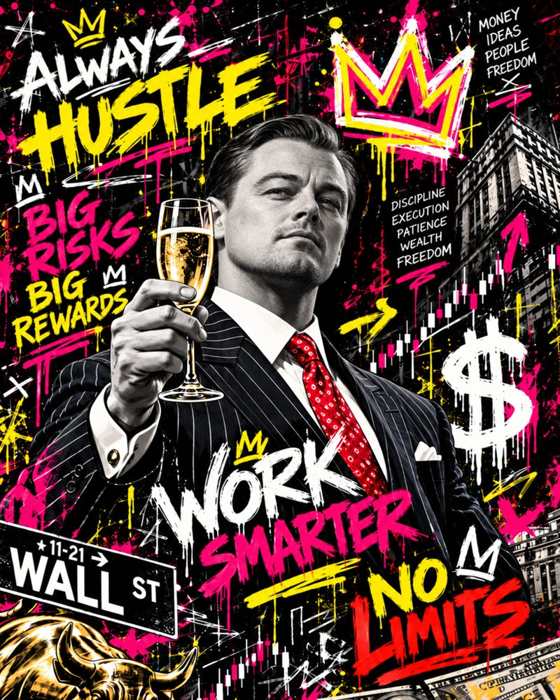 Tableau Street Art Leonardo DiCaprio inspiré du Loup de Wall Street, portrait noir et blanc avec champagne, graffitis roses et jaunes, dollar et symboles boursiers.
