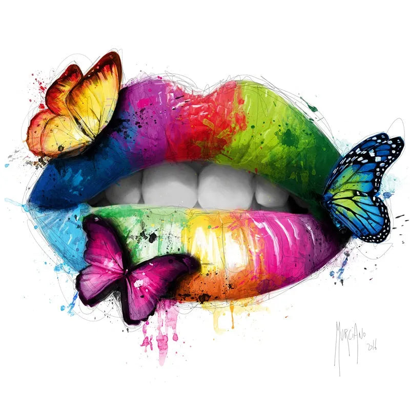 Touteladeco / Tableau Art / Glamour / Bouche / Butterfly Kiss / Papillons / Graffiti / Patrice Murciano / Pop Art / Décoration Murale / Décoration de maison / Moderne / Toile