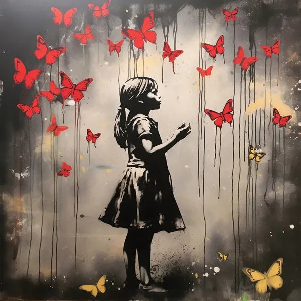 Touteladeco / Tableau Art / Banksy / Street Art / Jeune Fille / Papillons / Gothique / Graffiti / Pop Art / Décoration Murale / Décoration de maison / Moderne / Toile