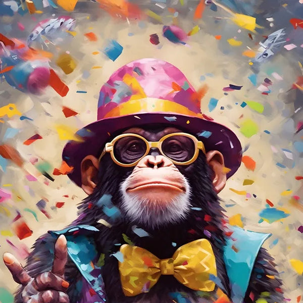 tableau singe festif / singe avec chapeau et nœud papillon / art moderne coloré / décoration murale originale / singe élégant / confettis et fête / ambiance joyeuse / pop art animalier / tableau humoristique / déco tendance / impression sur toile / tableau vibrant et festif / singe charismatique / Tableau / Toile / Touteladeco