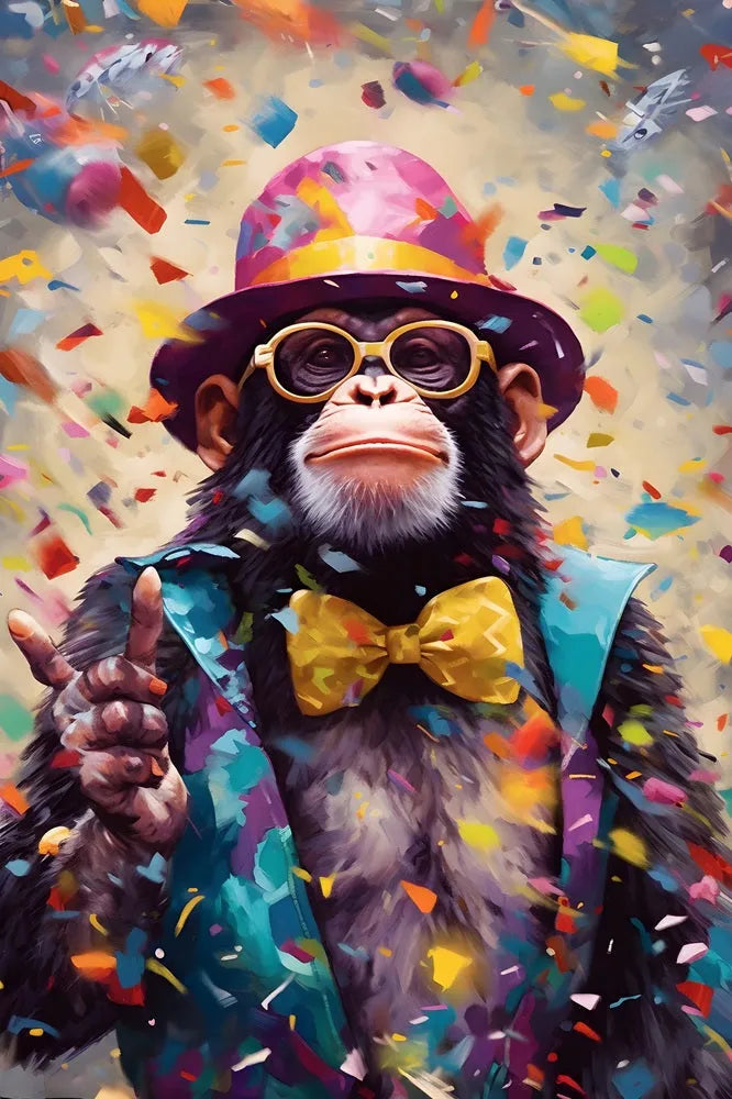 tableau singe festif / singe avec chapeau et nœud papillon / art moderne coloré / décoration murale originale / singe élégant / confettis et fête / ambiance joyeuse / pop art animalier / tableau humoristique / déco tendance / impression sur toile / tableau vibrant et festif / singe charismatique / Tableau / Toile / Touteladeco