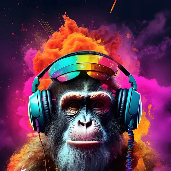 Touteladeco / toile / tableau / tableau singe DJ fun / art urbain coloré / décoration murale électro / singe avec casque audio / explosion de couleurs néon / style pop art moderne / ambiance musicale et festive / déco originale et audacieuse / impression sur toile / tableau street art vibrant