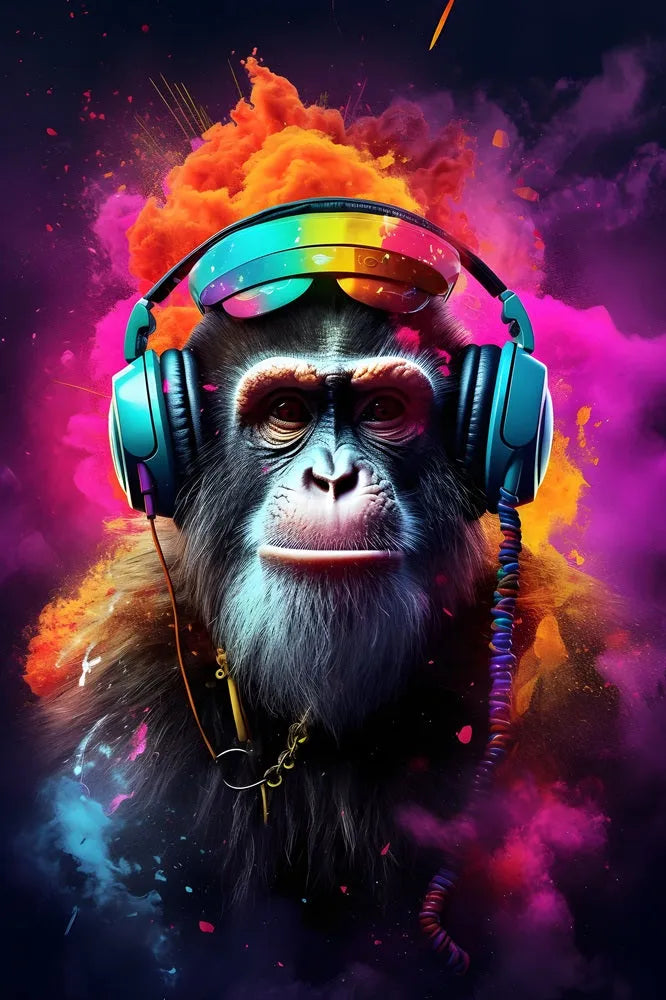 Touteladeco / toile / tableau / tableau singe DJ fun / art urbain coloré / décoration murale électro / singe avec casque audio / explosion de couleurs néon / style pop art moderne / ambiance musicale et festive / déco originale et audacieuse / impression sur toile / tableau street art vibrant
