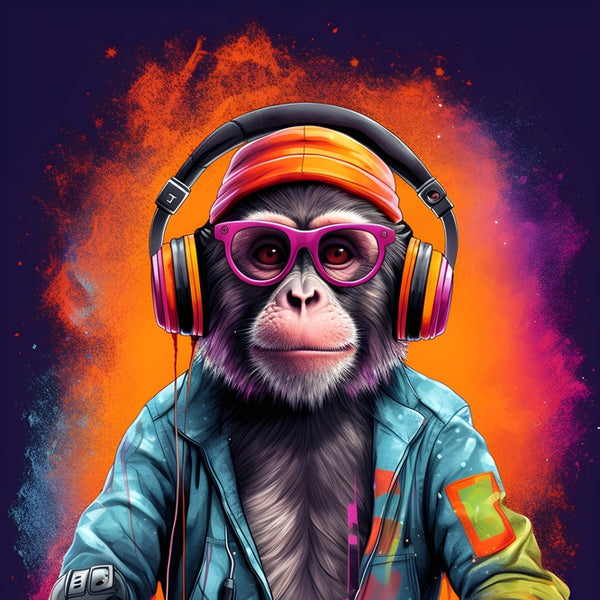 Touteladeco / tableau singe DJ funky / art moderne / street art / pop art / décoration murale / singe avec casque audio / lunettes stylées / couleurs néon / ambiance musicale / graffiti / art urbain / tableau moderne pour salon / déco tendance / singe DJ électro / toile