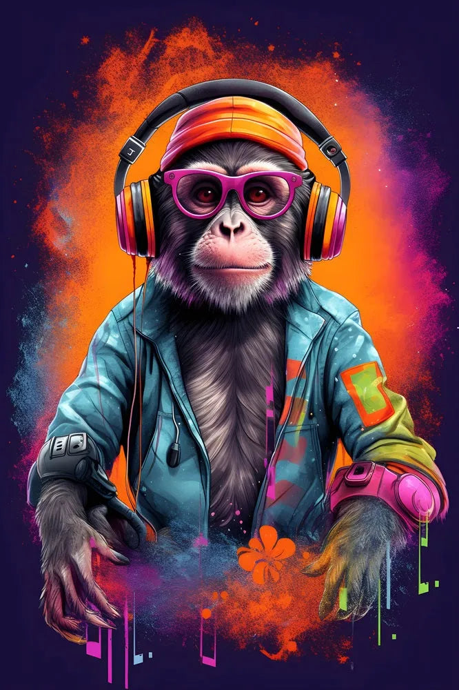 Touteladeco / tableau singe DJ funky / art moderne / street art / pop art / décoration murale / singe avec casque audio / lunettes stylées / couleurs néon / ambiance musicale / graffiti / art urbain / tableau moderne pour salon / déco tendance / singe DJ électro / toile