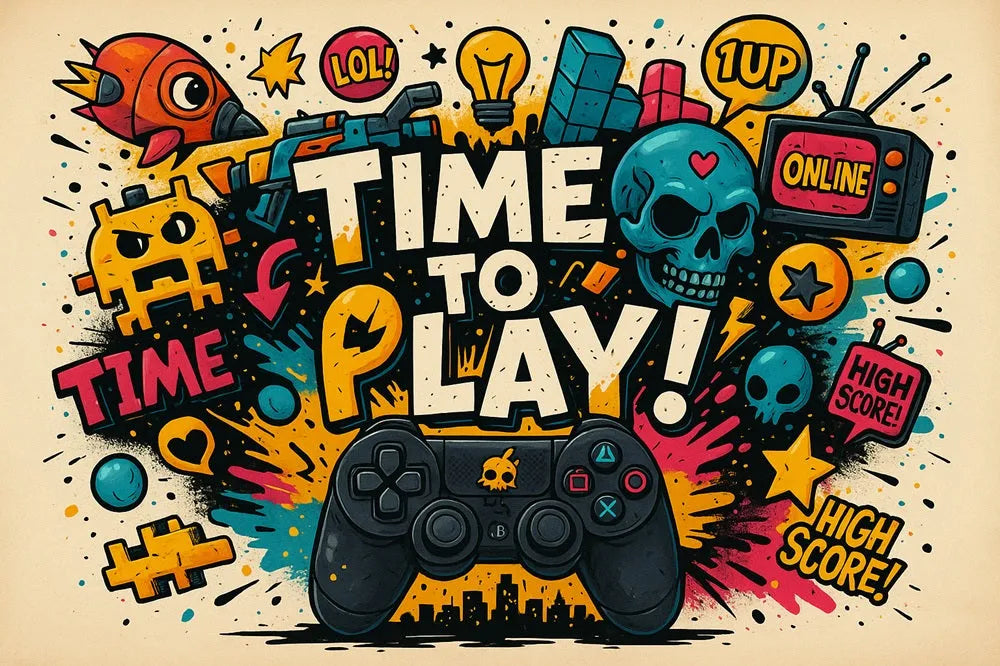 Touteladeco / Toile / Tableau / tableau gaming pop art / tableau geek déco / affiche gamer rétro / manette vintage / illustration colorée / jeu vidéo art pixel / time to play / tableau fun