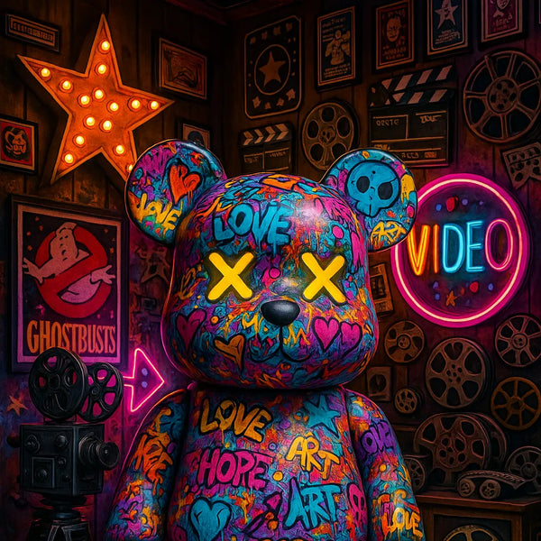 Touteladeco / Tableau / Toile / tableau ourson graffiti / teddy bear street art / déco cinéma rétro / art mural coloré / love art hope wild / néon vidéo / affiche ghostbusters / ambiance pop art / ourson lumineux / décoration urbaine moderne