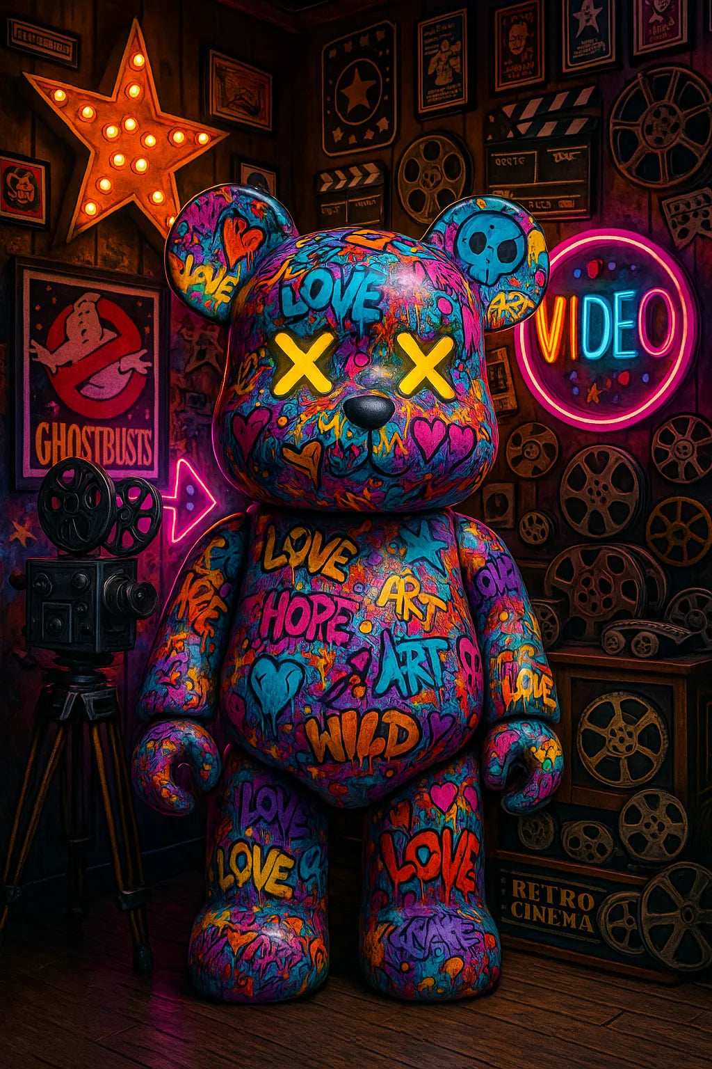 Touteladeco / Tableau / Toile / tableau ourson graffiti / teddy bear street art / déco cinéma rétro / art mural coloré / love art hope wild / néon vidéo / affiche ghostbusters / ambiance pop art / ourson lumineux / décoration urbaine moderne