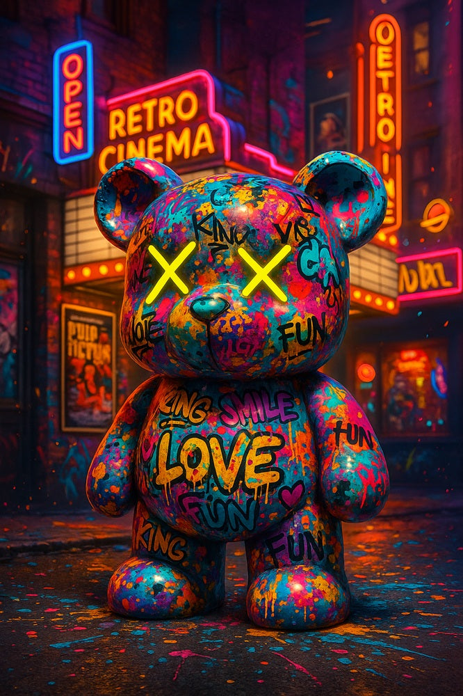 Touteladeco / Toile / Tableau / tableau ourson street art / teddy bear graffiti / déco pop urbaine / cinéma rétro / art mural coloré / neon art / love fun king / affiche pulp fiction / déco moderne fun / ours coloré