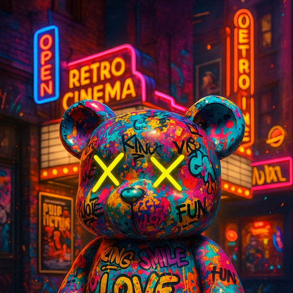 Touteladeco / Toile / Tableau / tableau ourson street art / teddy bear graffiti / déco pop urbaine / cinéma rétro / art mural coloré / neon art / love fun king / affiche pulp fiction / déco moderne fun / ours coloré