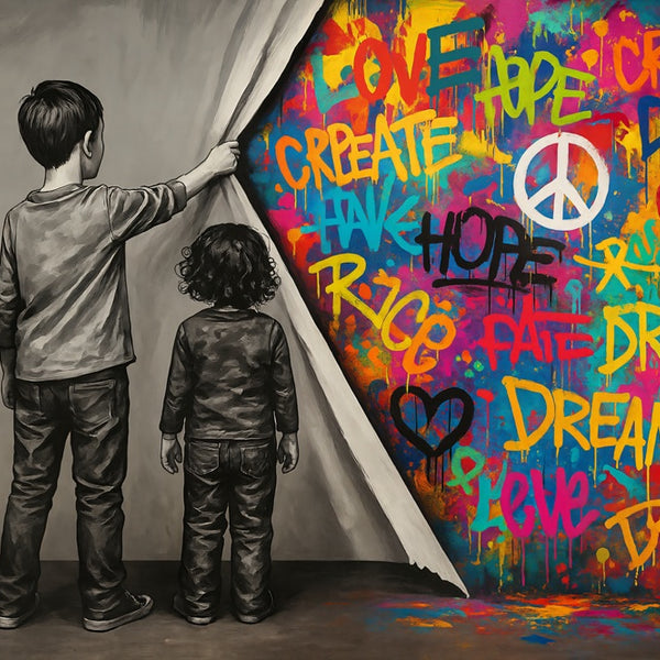 tableau street art / toile graffiti colorée / enfants noir et blanc / décoration murale moderne / tableau Banksy style / message love hope dream / art mural urbain / déco contemporaine salon