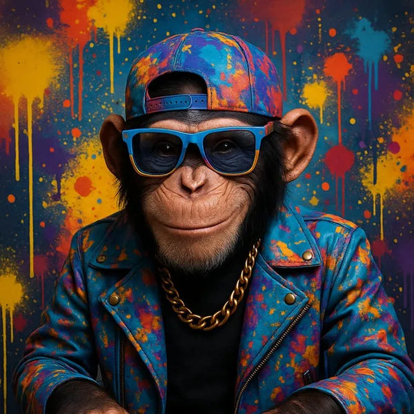 Touteladeco / Toile / tableau / singe DJ / street art / tableau graffiti / décoration urbaine / déco musique / singe funky / tableau pop art / déco colorée / singe casquette / singe lunettes / DJ party / déco fun / décoration moderne / tableau original