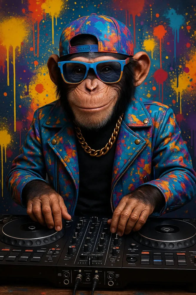 Touteladeco / Toile / tableau / singe DJ / street art / tableau graffiti / décoration urbaine / déco musique / singe funky / tableau pop art / déco colorée / singe casquette / singe lunettes / DJ party / déco fun / décoration moderne / tableau original