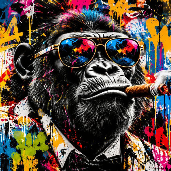 Tableau singe street art Urban Monkey avec cigare, lunettes de soleil miroir et graffitis multicolores.