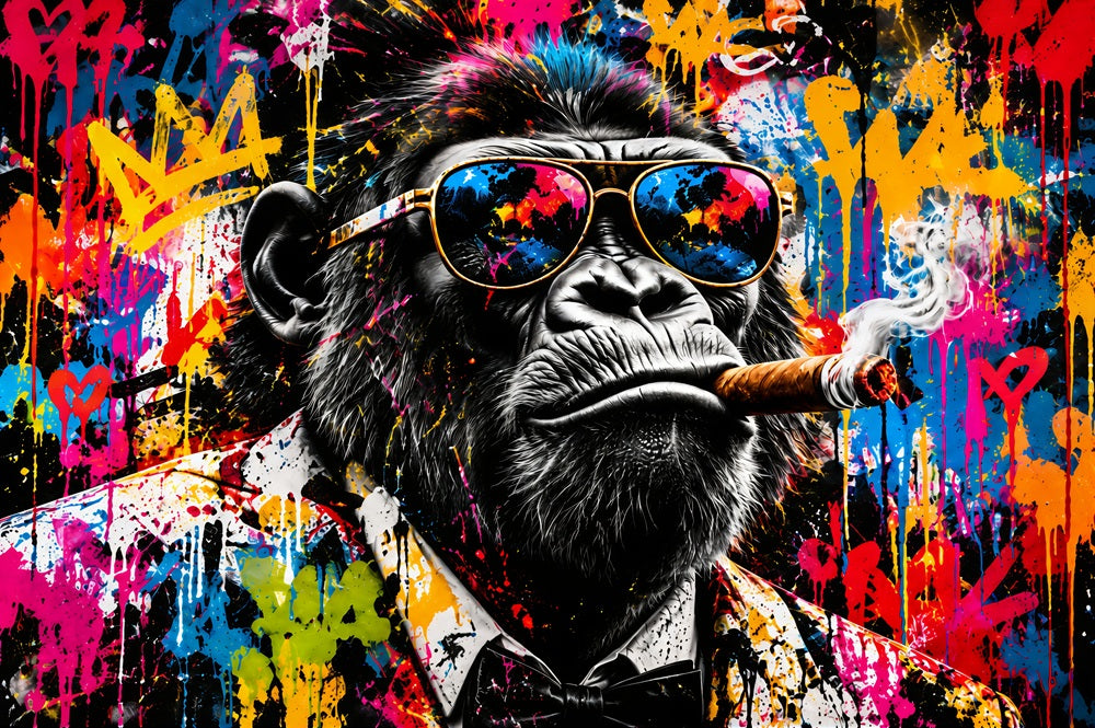 Tableau singe street art Urban Monkey avec cigare, lunettes de soleil miroir et graffitis multicolores.