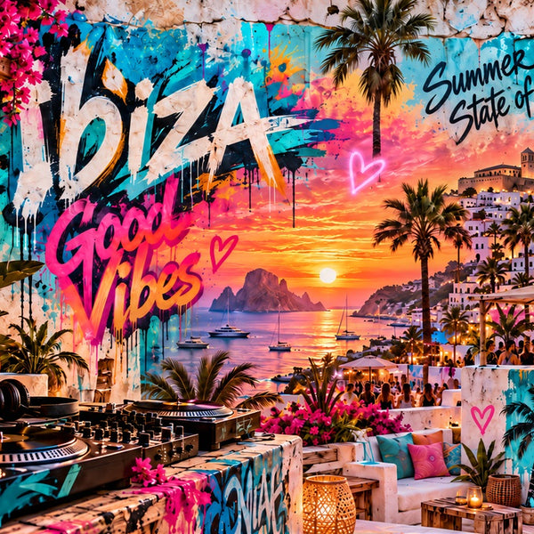 Tableau Ibiza, Tableau Street Art, Tableau Good Vibes, Tableau Sunset, Décoration Ibiza, Tableau coucher de soleil, Tableau musique électronique, Tableau DJ, Tableau plage, Tableau été, Tableau coloré, Toile Ibiza, Art urbain, Décoration murale, Déco méditerranéenne, Tableau vacances, Tableau moderne