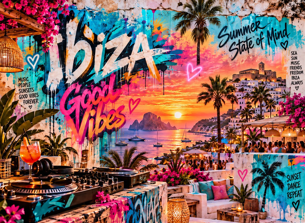 Tableau Ibiza, Tableau Street Art, Tableau Good Vibes, Tableau Sunset, Décoration Ibiza, Tableau coucher de soleil, Tableau musique électronique, Tableau DJ, Tableau plage, Tableau été, Tableau coloré, Toile Ibiza, Art urbain, Décoration murale, Déco méditerranéenne, Tableau vacances, Tableau moderne