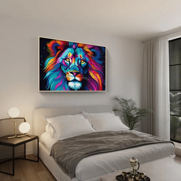 Touteladeco / Tableau Pop Art / Pop Art / Décoration Murale / Moderne / Lion / Famille / Roi / Toile / Tableau / Bleu / Couleur