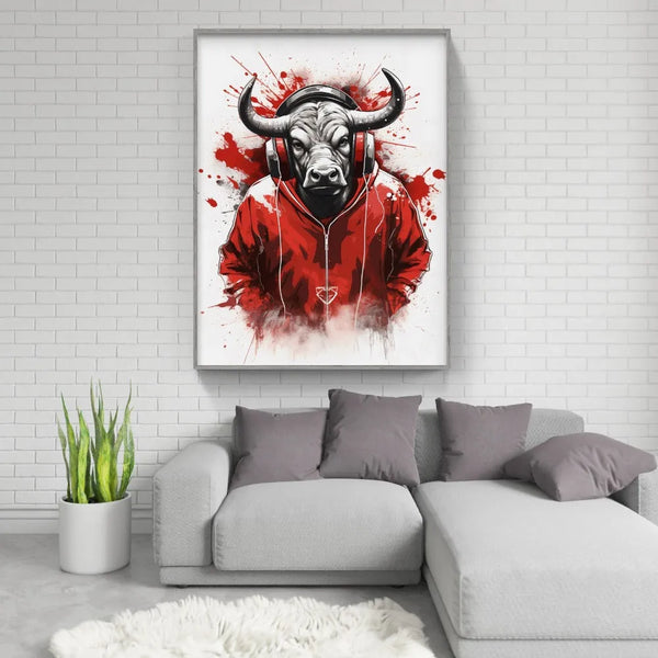 Touteladeco / Tableau Pop Art / Animaux / Taureau / Décoration Murale / Décoration de maison / Moderne / Taureau / Toile / Tableau / Restaurant / Decoration / Casque / Musique